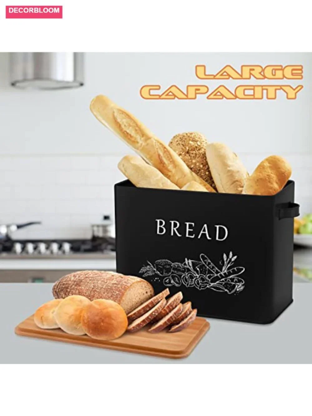 E-far Bread Box Metal Storage Container with Bamboo Lid